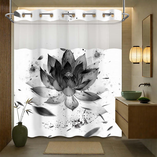 Yieldee Lotus Hookless Shower Curtain with Snap in Liner, Black and White