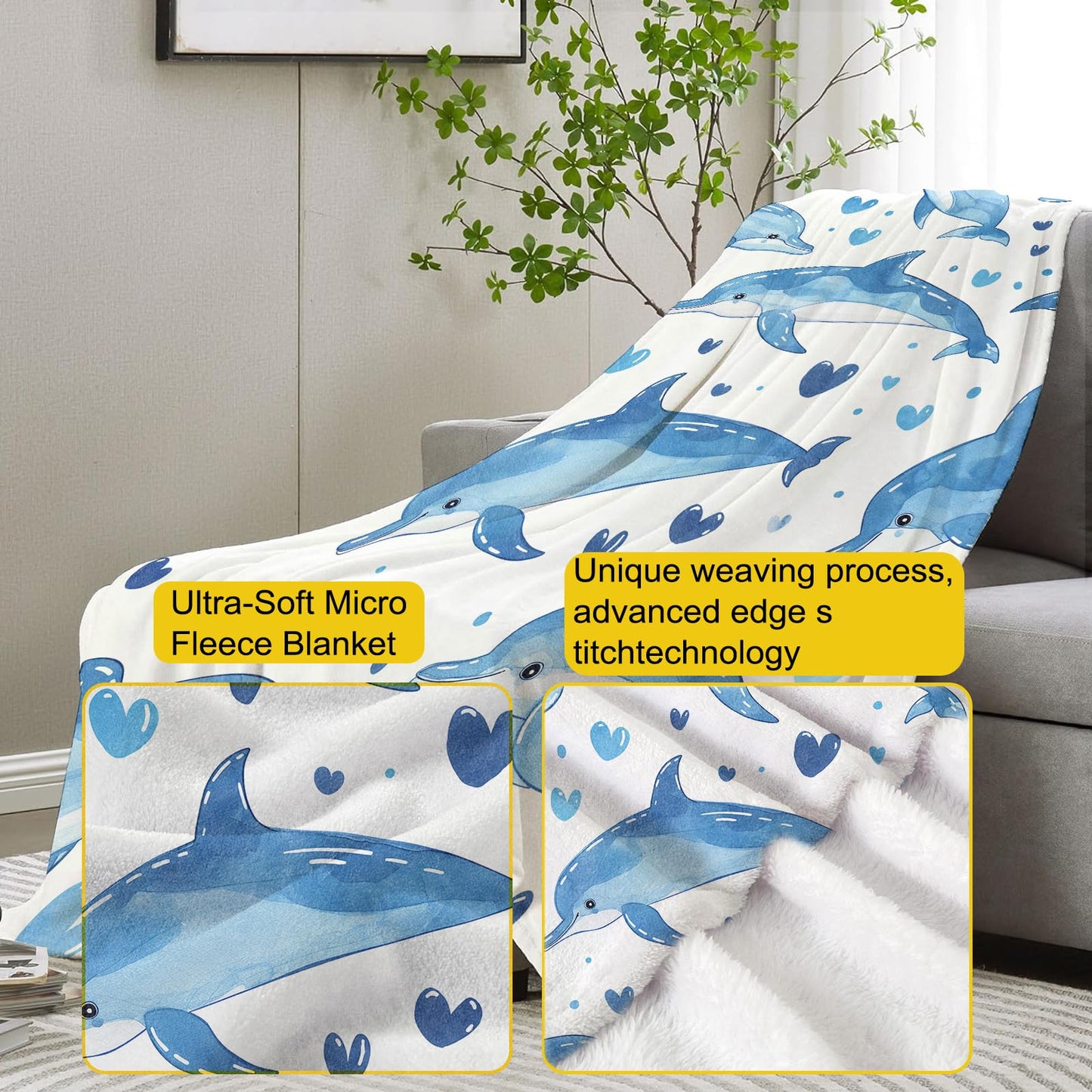 VANZEV Dolphin Fleece Blanket Gifts for Kids and Adults, Cute Marine Life Cozy Throw Blankets, Soft Warm Plush Dolphin Blanket for Home Decor, 50x60 inches