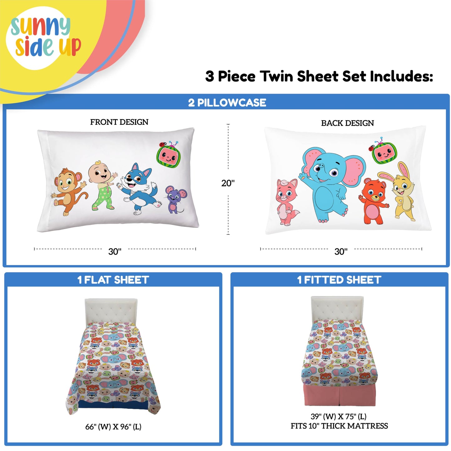 Sunny Side Up CoComelon Twin Size Sheeet Set - 3 Piece Kids Animals Bedding Set Includes Pillow Cover - Super Soft Microfiber Sheets