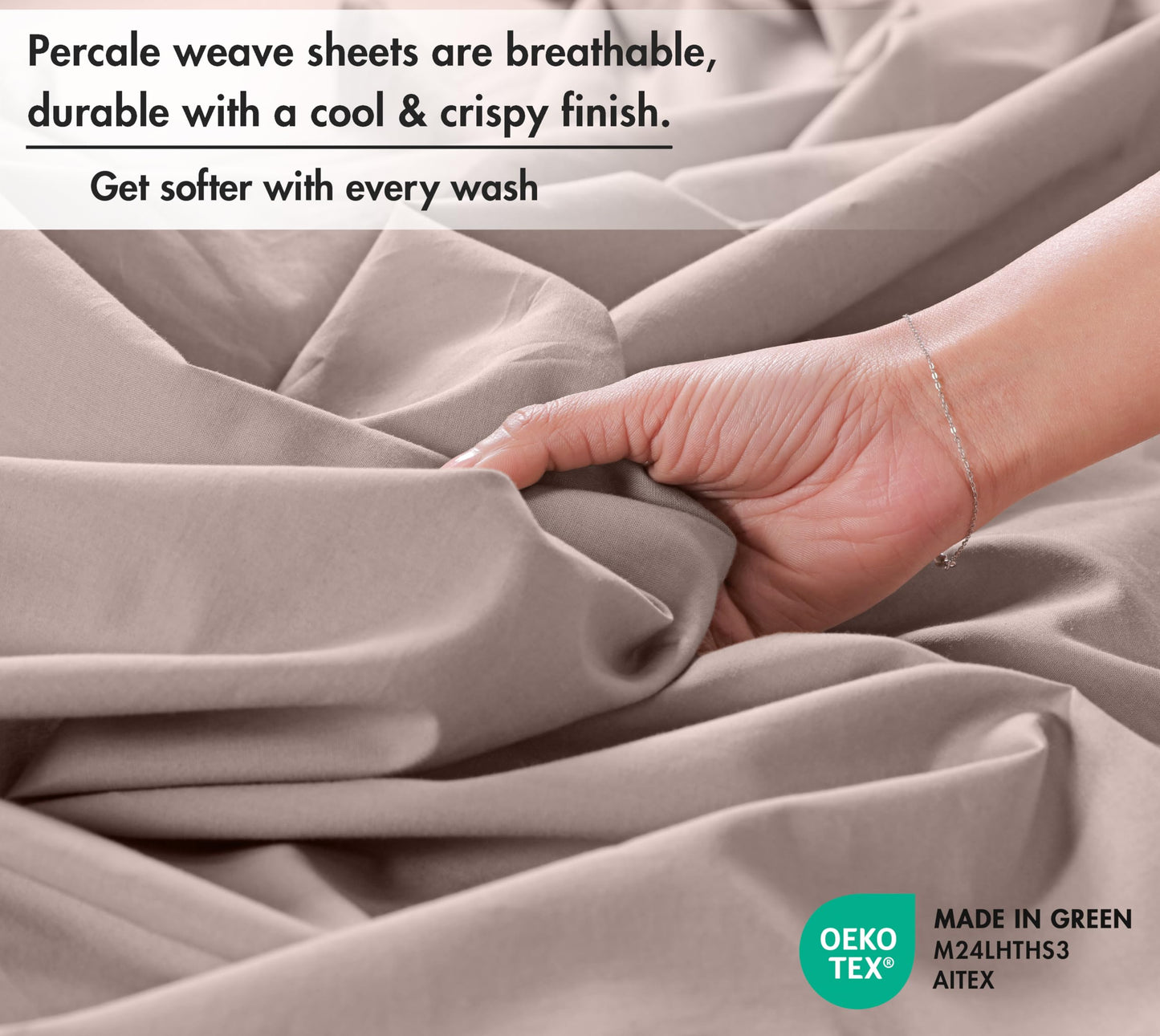 RUVANTI 100% Cotton Percale Sheets Full Size – Crisp Cooling Bed Sheets for Hot Sleepers, Deep Pocket 16”, Soft Breathable & Durable Hotel-Style 4 Piece Set, Warm Mocha