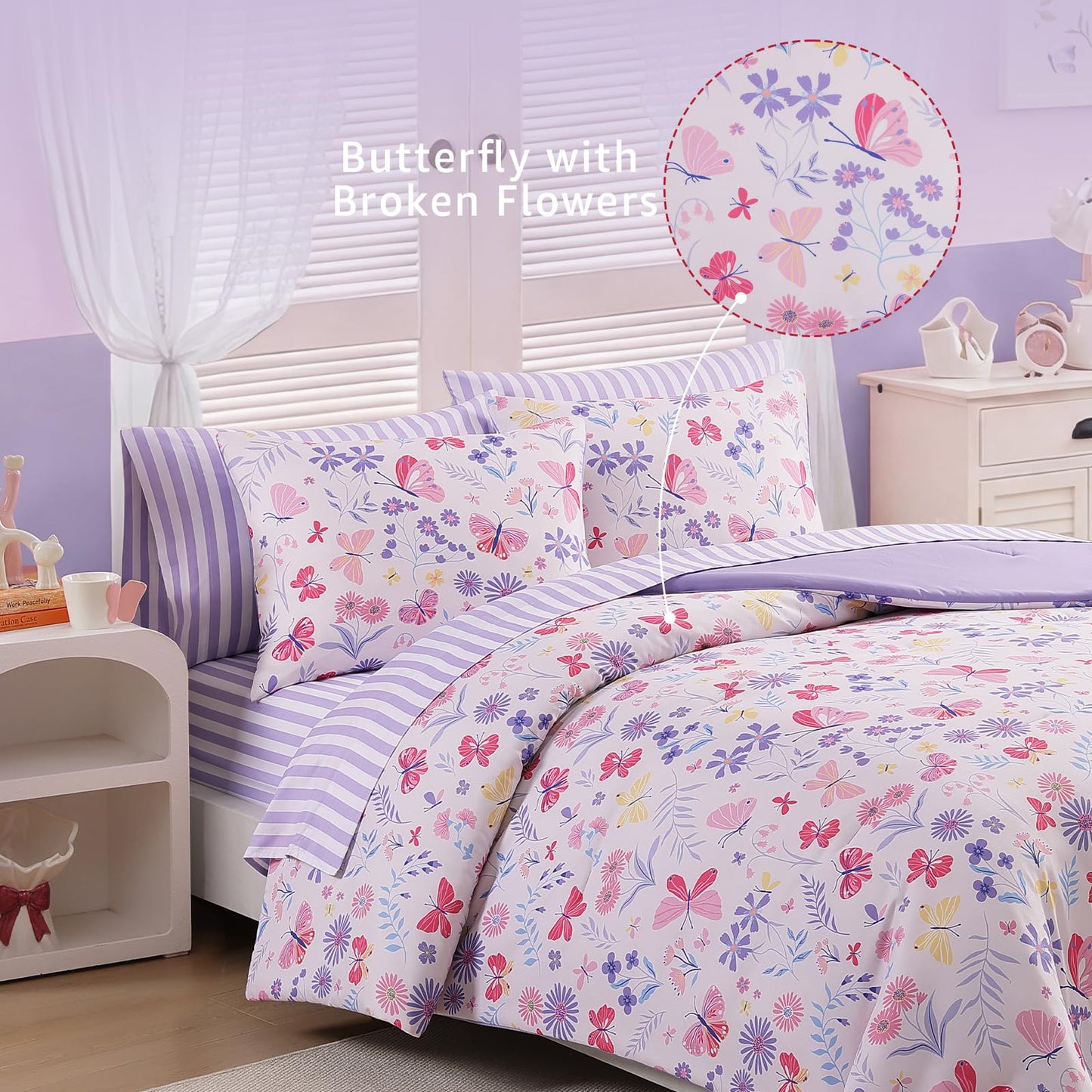 AMBERSPACE Twin XL Comforter Set for Girls, Butterfly Botanical Flowers Bedding Set, All Season Kids Bed in a Bag Dorm 5 Pieces with Sheets, Pillowcase & Sham