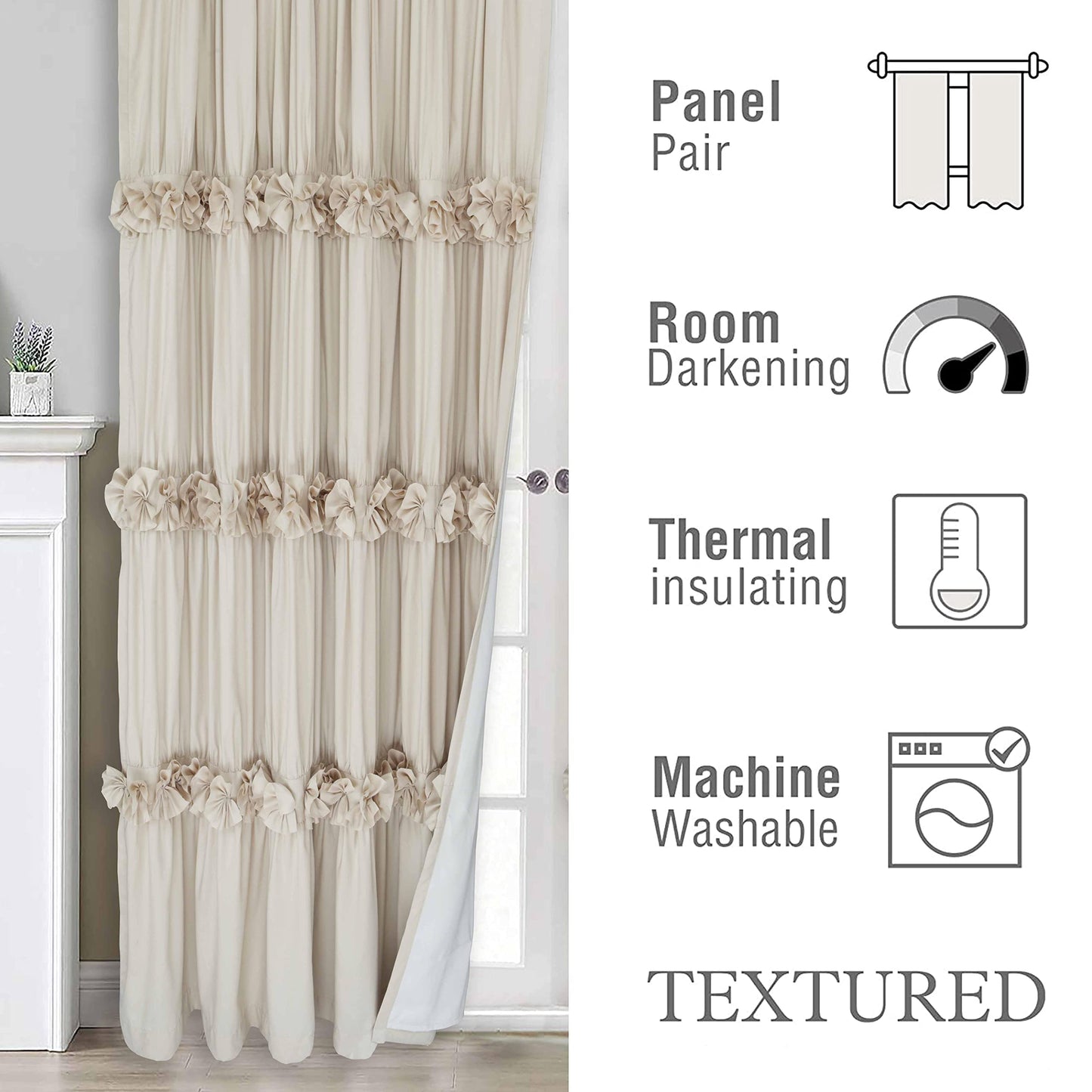 Homechoice Decor Thermal Insulated Blackout Window Curtains, 54" W x 84" L (Pair), Boho Ruched Window Treatments with 3 Rows of Butterfly Flowers, Rustic Rod Pocket Drapes for Room, Camel (LQ-30)