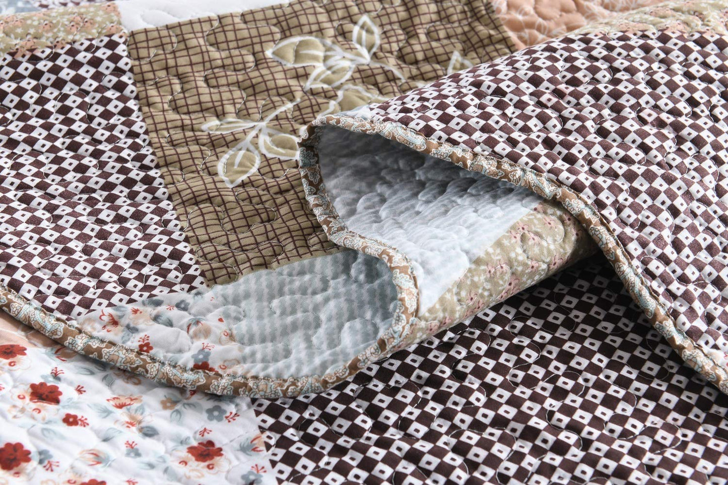 Travan 3-Piece King Quilt Set Quilted Bedspread Lightweight Reversible Coverlet Set Floral Printed Quilted Bedding Set with Shams for All Season, Brown Floral, King Size