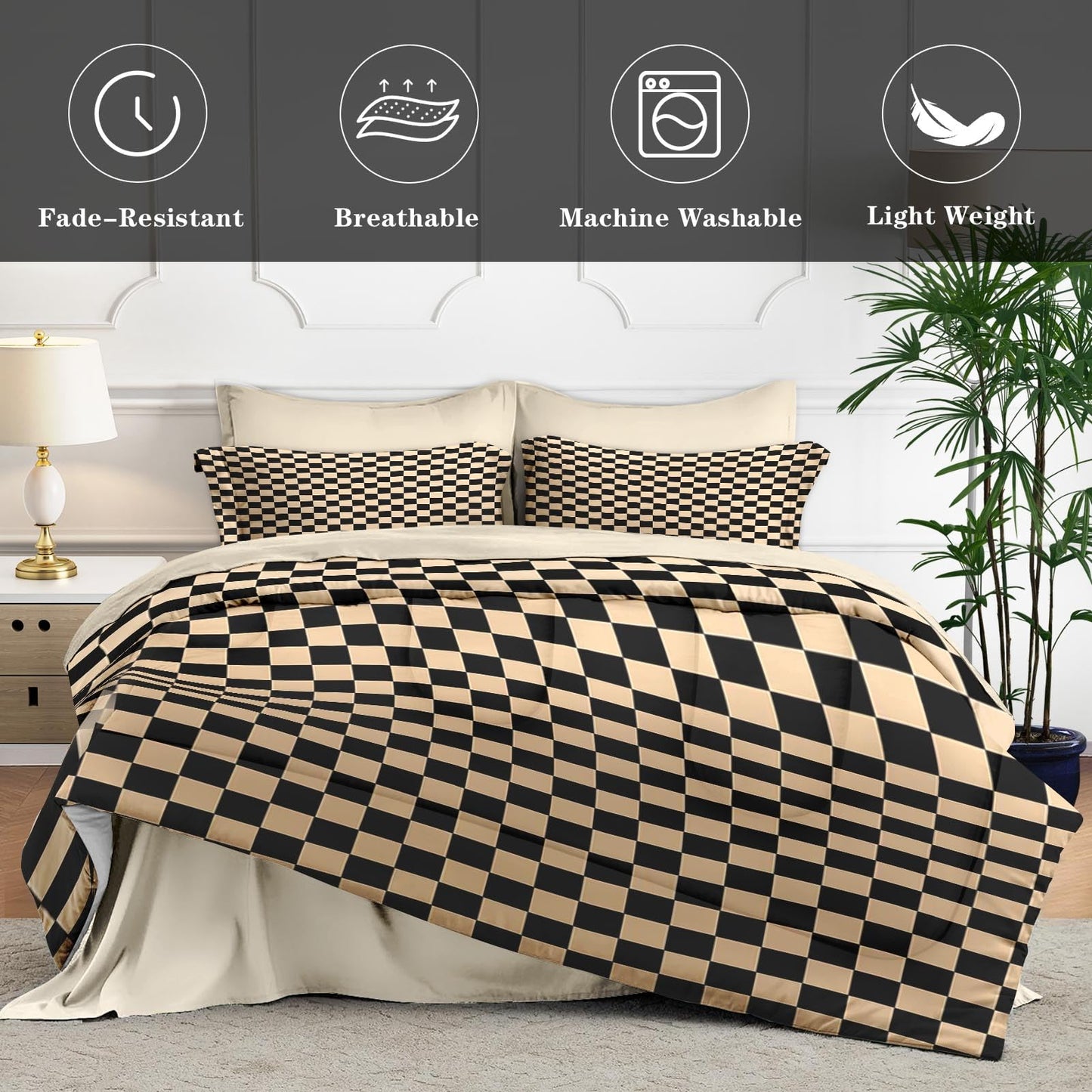 Checkerboard Grid Geometric Plaid Khaki Black Comforter Set 7 Pcs Full Size Quilt, Checkered Geometric Retro Soft Bedding Set with Flat and Fitted Sheet Pillowcases Sham for Adults Bedroom Bed Decor