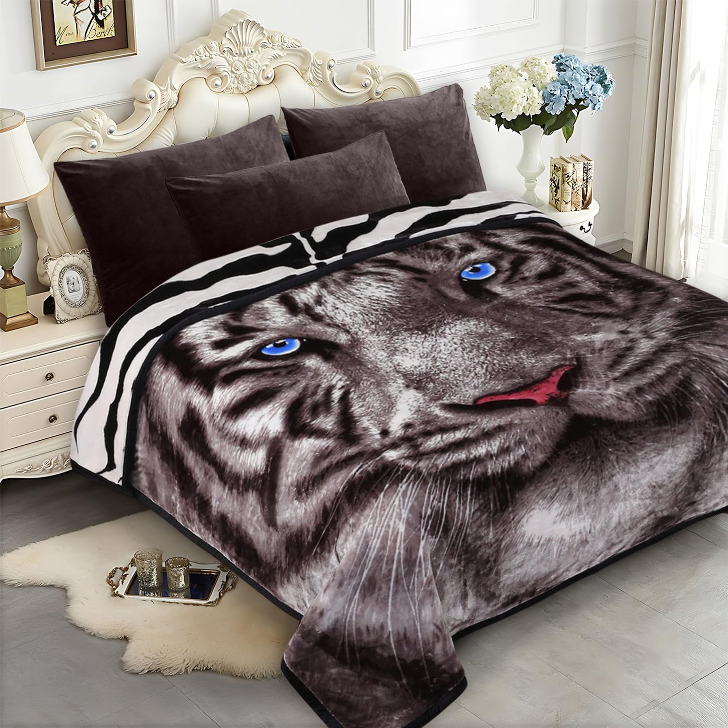 JYK Soft Fleece Bed Blanket Queen Size 5 LB, Korean Style 2 Ply Reversible Fluffy Flannel Blanket Microfiber, Warm Cozy Blanket for Autumn, Winter 75x87 Inches - Black White Tiger/Tiger Stripes