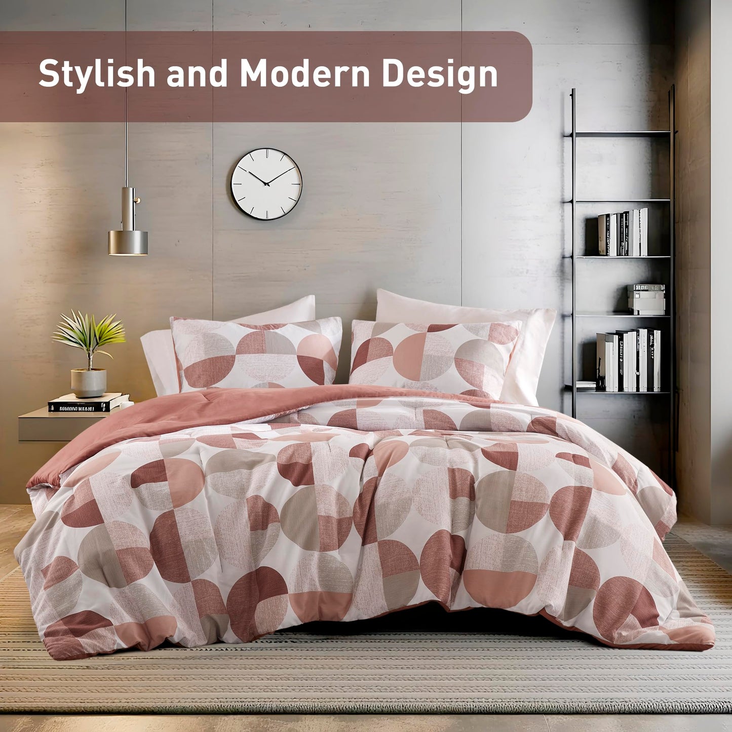Regency Heights Stylish Three-Tone Printed King Size Comforter Set, 3 Pieces Ultra-Soft Microfiber Bedding Set, Warm and Cozy Comforter for All Seasons, Terracotta Blush