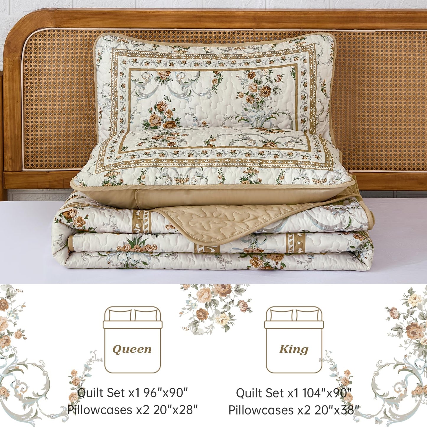 Anibedding Floral Quilt Set King Size, Retro Brown Flower Pattern Quilts Bedspread,Soft Microfiber Lightweight Bed Cover for All Season(King, 104"x90")