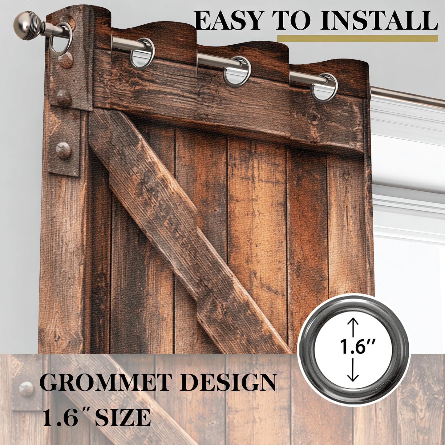Warm Brown Rustic Barn Door Blackout Curtains, Vintage Wooden Texture Grommet Top Window Drapes, Thermal Insulated Room Darkening Curtains for Bedroom Farmhouse Cabin, 2 Panels Set, 29.5"W x 63"L