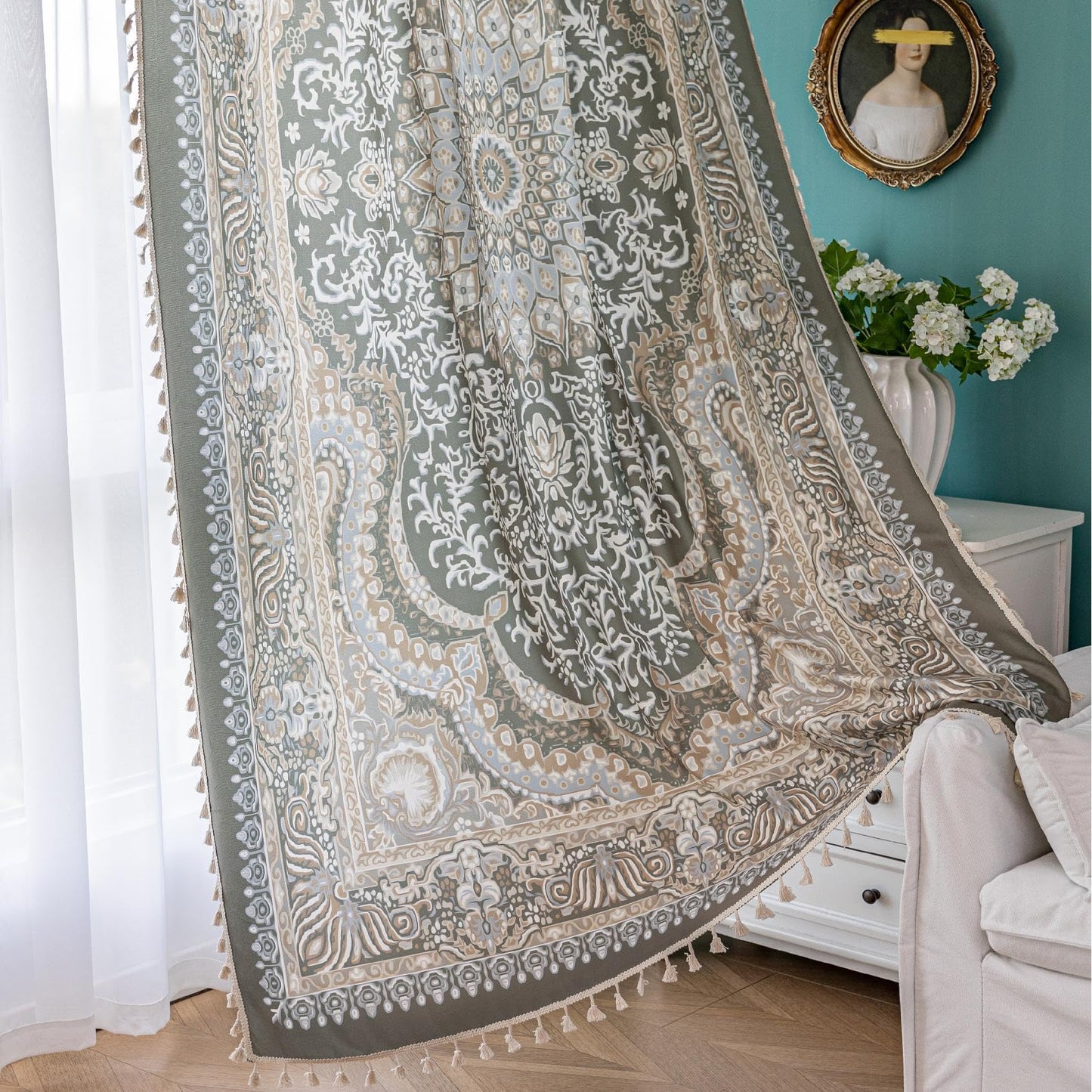 Erbnaryx Sage Green Medallion Curtains 72 Inches Long, Boho Farmhouse Light Filtering Rod Pocket Drapes with Tassel Trim for Bedroom Living Room, 2 Panels