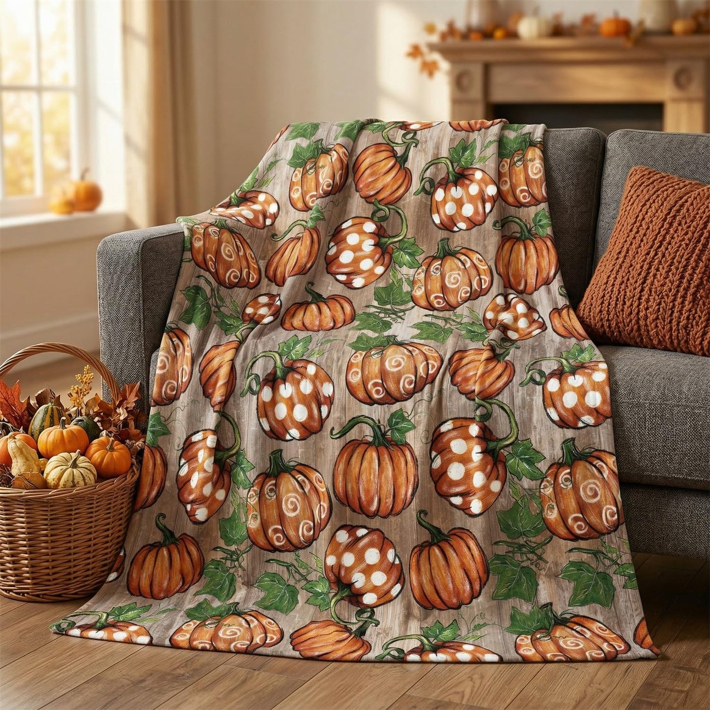 Horaldaily Fall Flannel Blanket Throw, Orange Wood Plank Grain Pot Pumpkin Soft Fuzzy Plush Cozy Fleece Blankets for Couch Sofa Bed Lounging, Ideal Gifts for Kids Adults Wife Self, 50x60