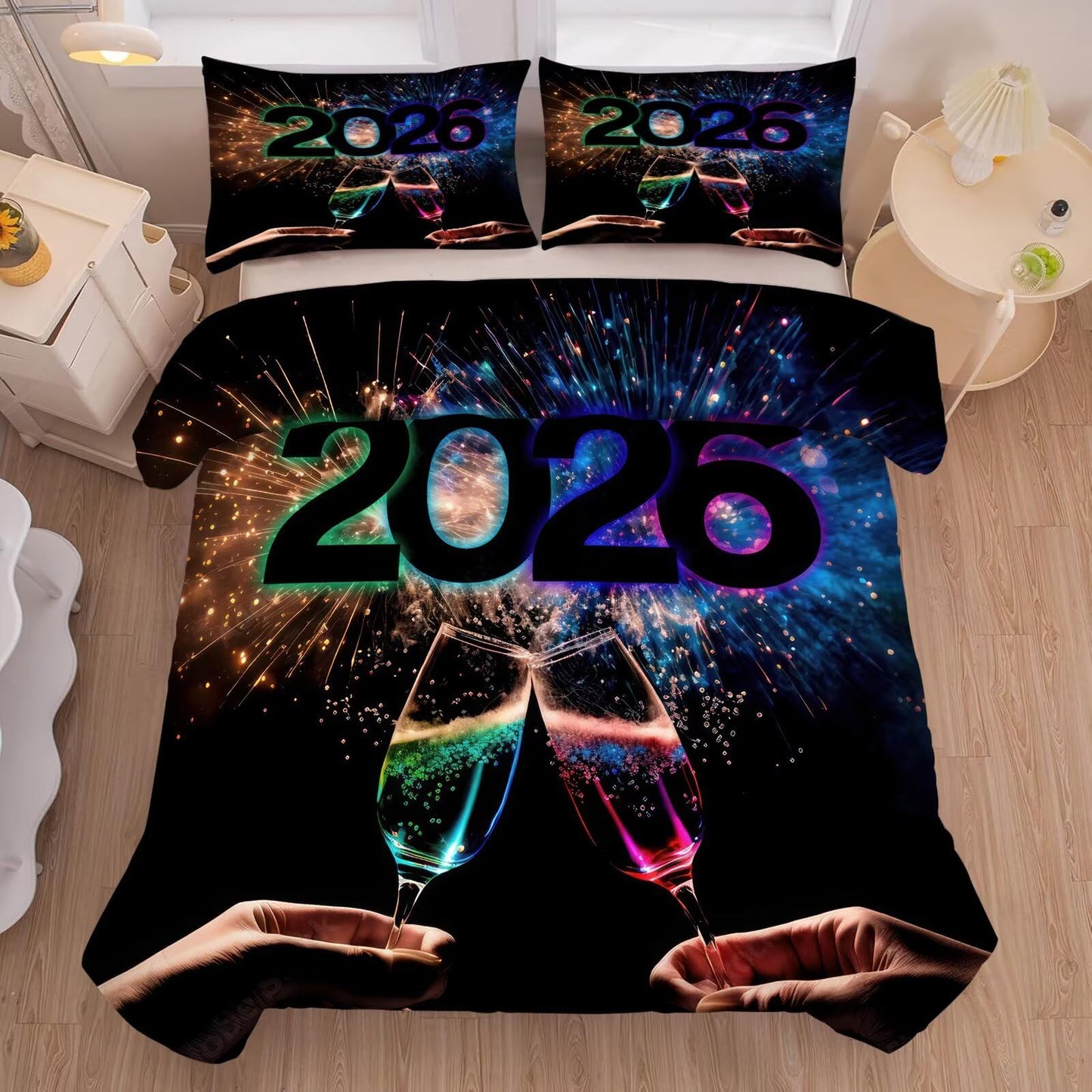 kxry Happy 2026 Year Bedding Sets Celebrate Champagne Comforter Set 3 Pieces of Machine Washable Soft Quilt for Kids Teen Girls King Size