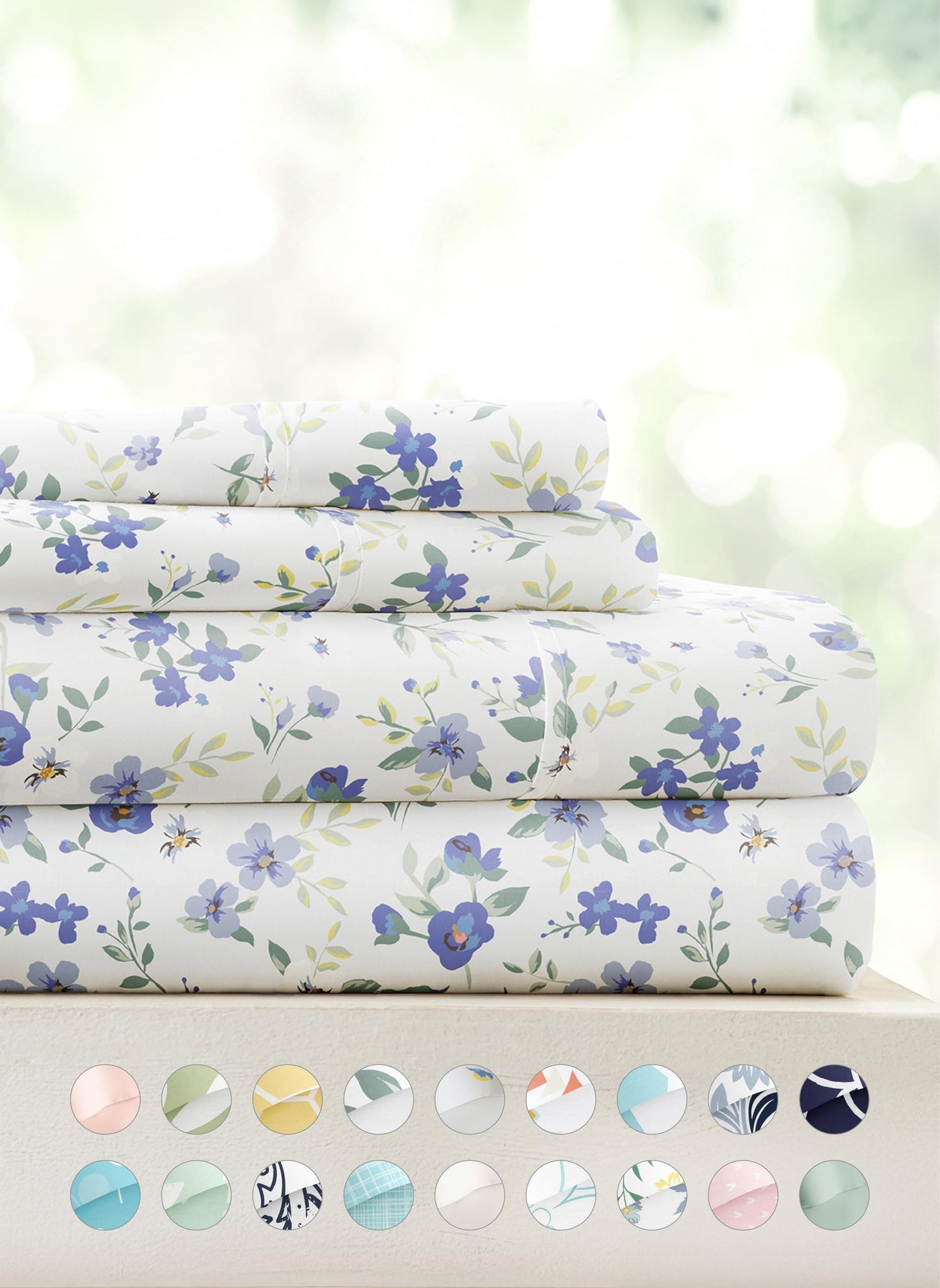 Linen Market 4 Piece Queen Sheet Set - Breathable, Double-Brushed Patterned Cooling Sheets – Ultra Soft & Wrinkle-Free 16" Deep-Pocket Queen Sheets - Easy Care Blossoms Light Blue
