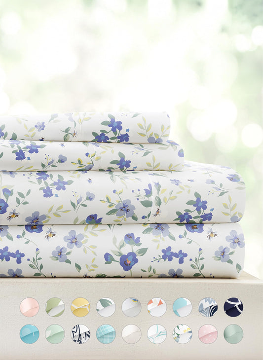 Linen Market 4 Piece Queen Sheet Set - Breathable, Double-Brushed Patterned Cooling Sheets – Ultra Soft & Wrinkle-Free 16" Deep-Pocket Queen Sheets - Easy Care Blossoms Light Blue