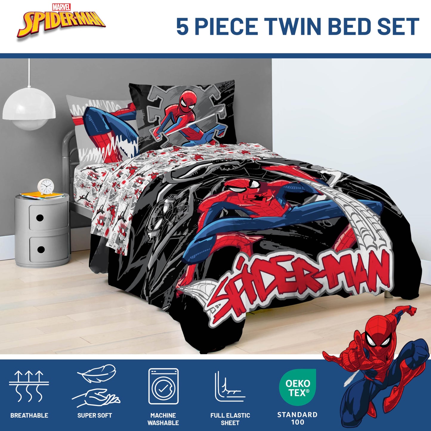 Jay Franco Kids Bed Set, Black, Spiderman, 5 Piece Twin