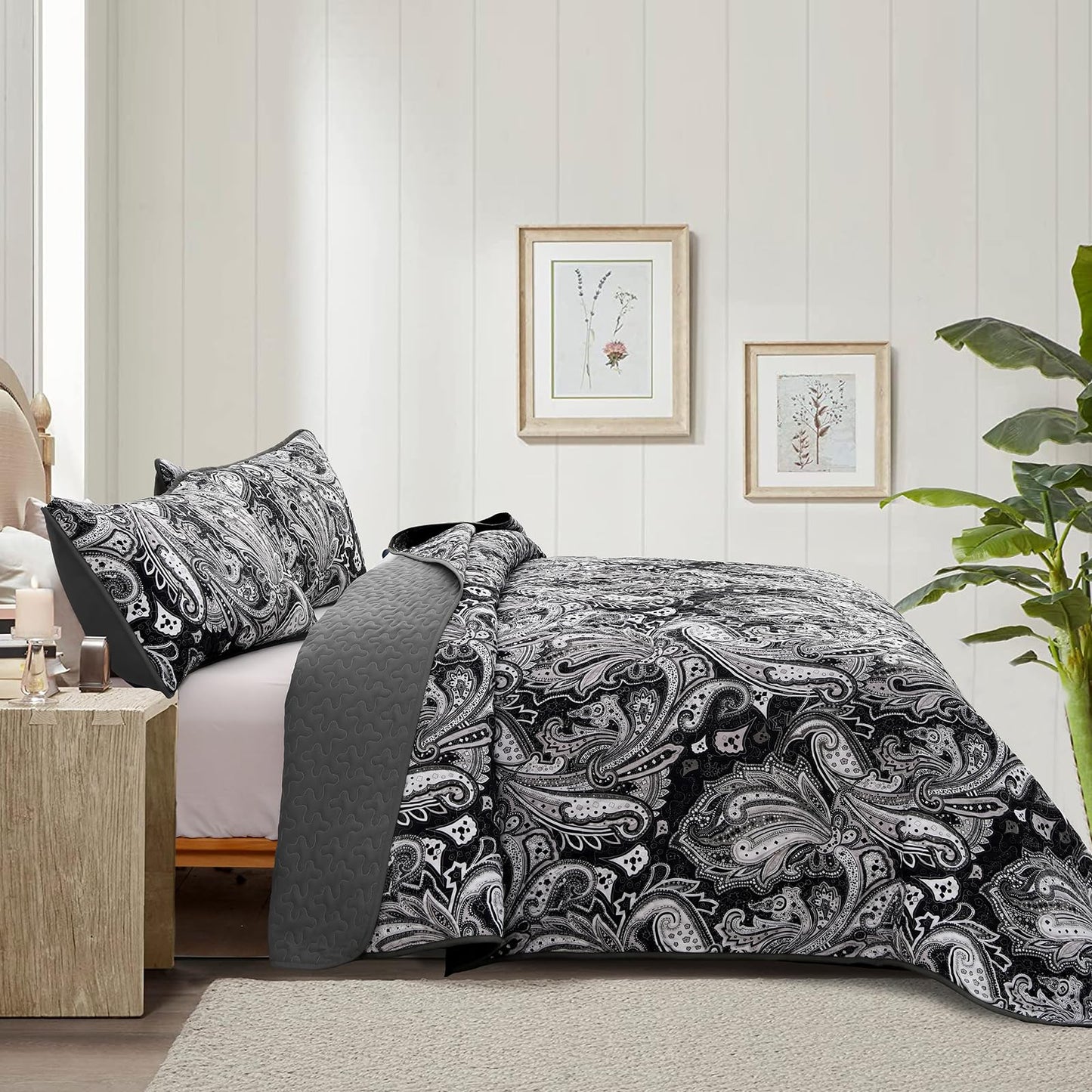DJY Black Paisley Quilt Set Full Size Boho Bedspread Coverlet Set 3 Pieces, Soft Lightweight Black and Gray Paisley Floral Pattern Bedding for All Season, 90''x80''