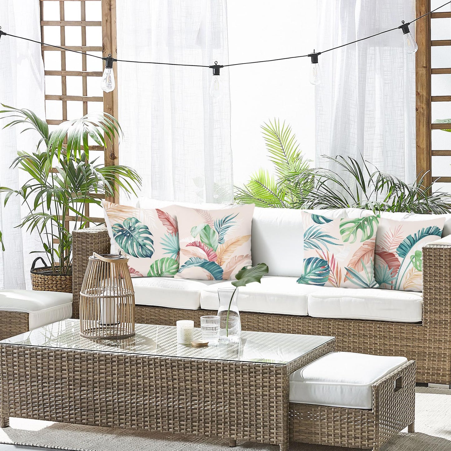Bonhause Tropical Leaves Throw Pillow Covers 18 x 18 Inch Set of 4 Pink Green Palm Leaf Decorative Pillow Cases Soft Velvet Cushion Covers for Couch Sofa Bed Home Decor