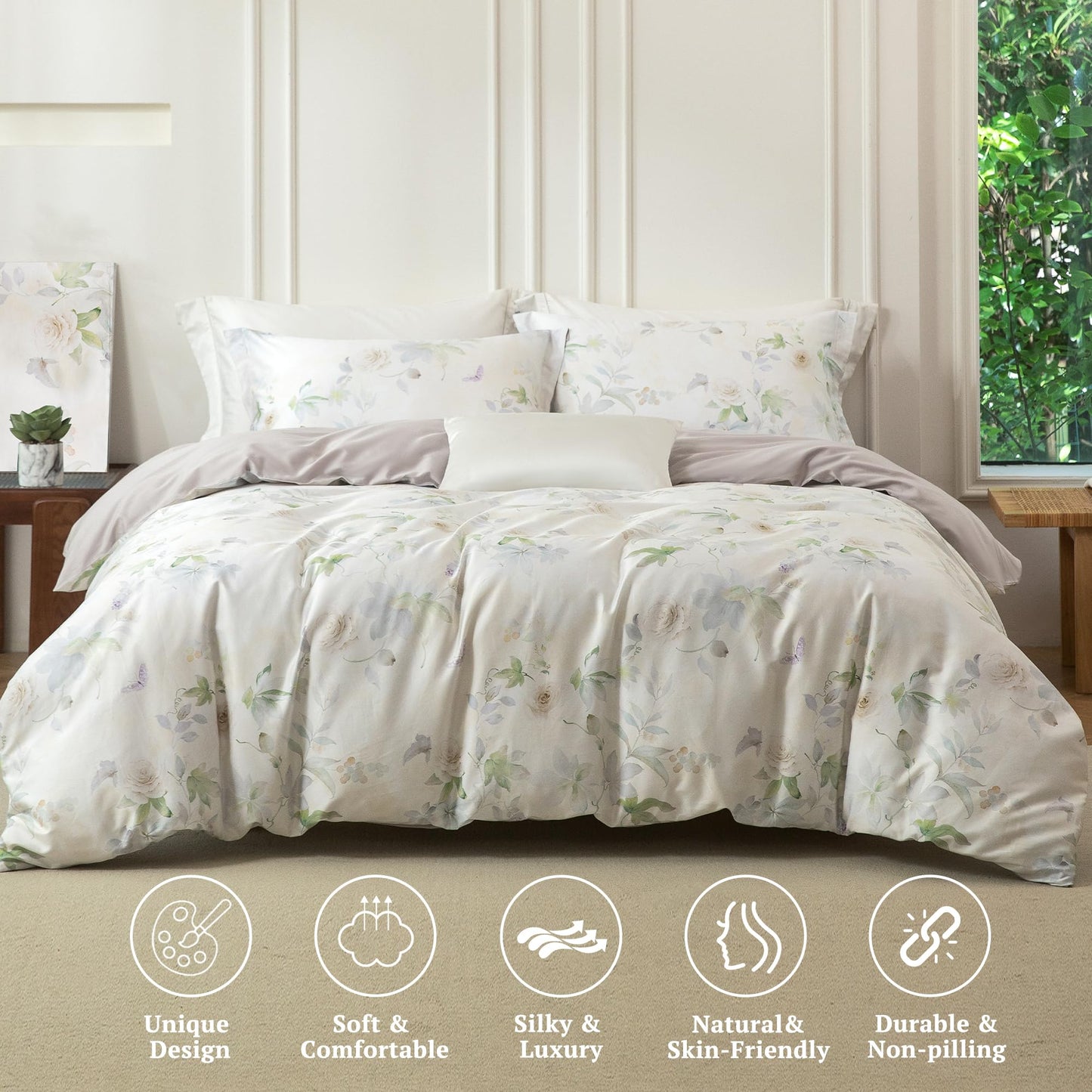 MILDLY Queen Duvet Cover Set - 100% Long-Staple Cotton Beige Floral Patten Reversible Comforter Cover - 3Pcs Soft Breathable Luxury Bedding for All Season
