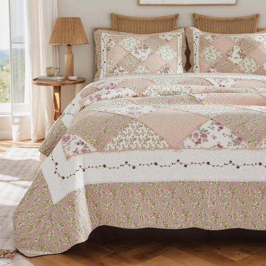 Brandream Queen Size Quilt Set Cotton Patchwork Quilts Pink Floral Quilts Summer Cottage Quilted Comforter Set 3-Piece