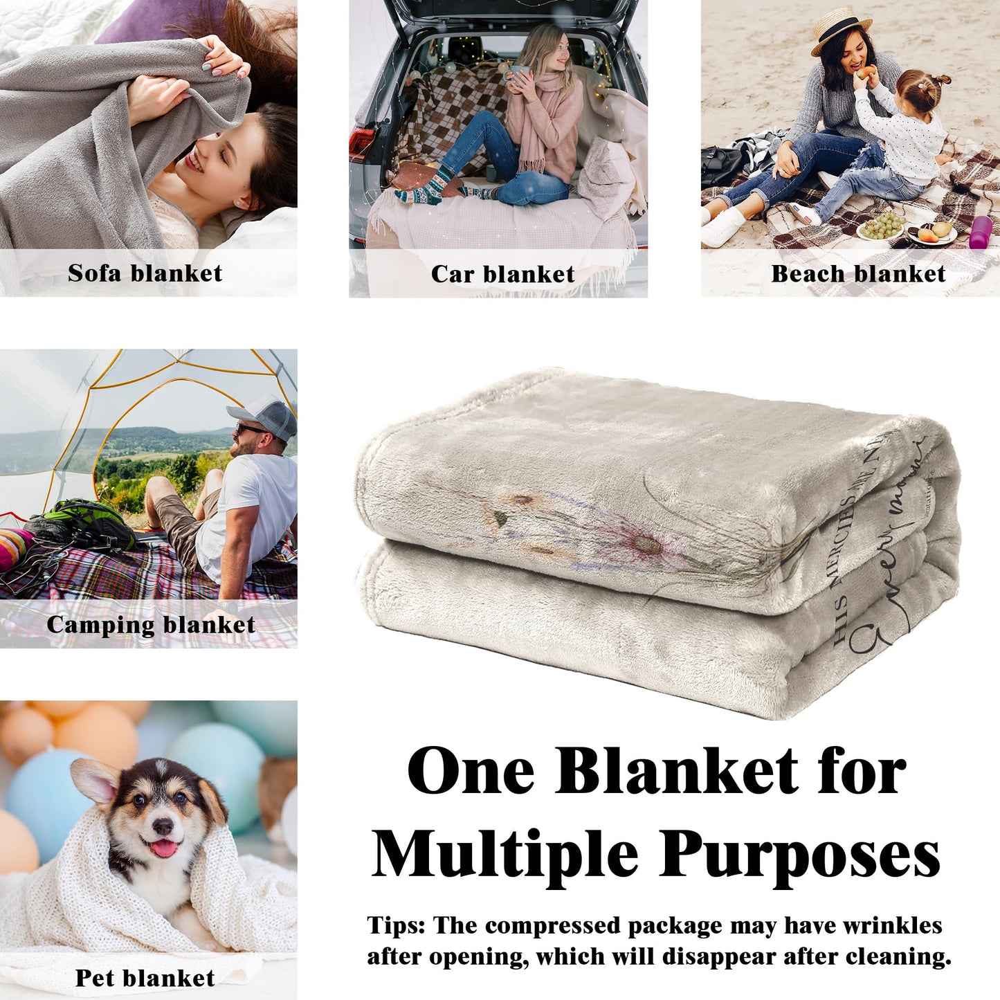 VRW His Mercies are New Every Morning Christian Blanket, Boho Floral Christian Bible Verse Flannel Throw Blankets for Women, Religious Prayer Hug Blankets for Bedroom Living Room Couch Sofa,50x60 Inch