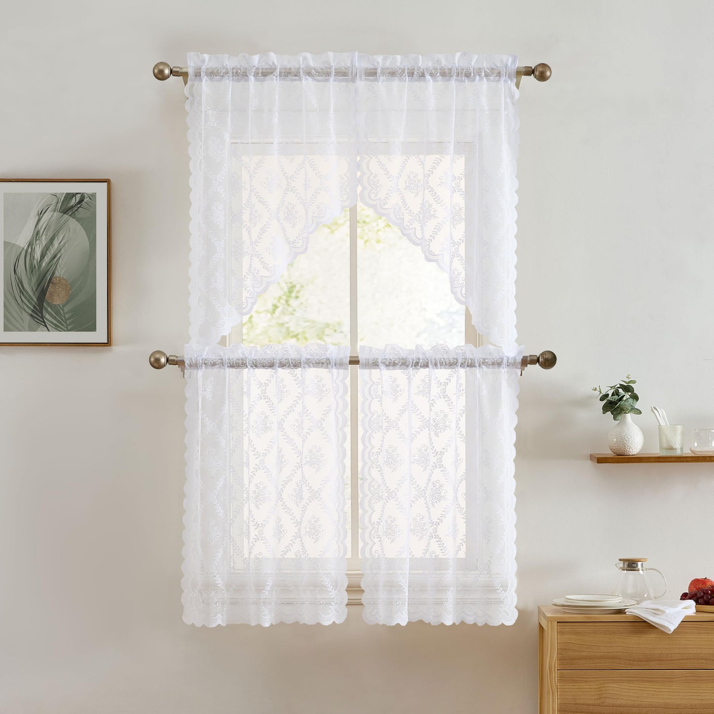 HLC.ME Isabella Floral Rod Pocket Lace Semi Sheer Voile Short Cafe Tiers for Small Windows - 28 x 36 Inch Length (White Tiers, Set of 2)