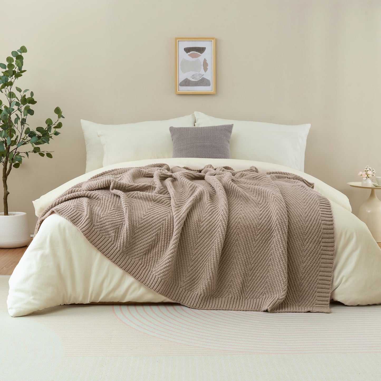 LONG CREATE Knitted Throw Blanket 50"X60", Taupe Knit Throws for Bed, Super Soft Boho Chevron Blankets for Couch Sofa Chair Room Decor, Textured Decorative Farmhouse Cozy Lightweight