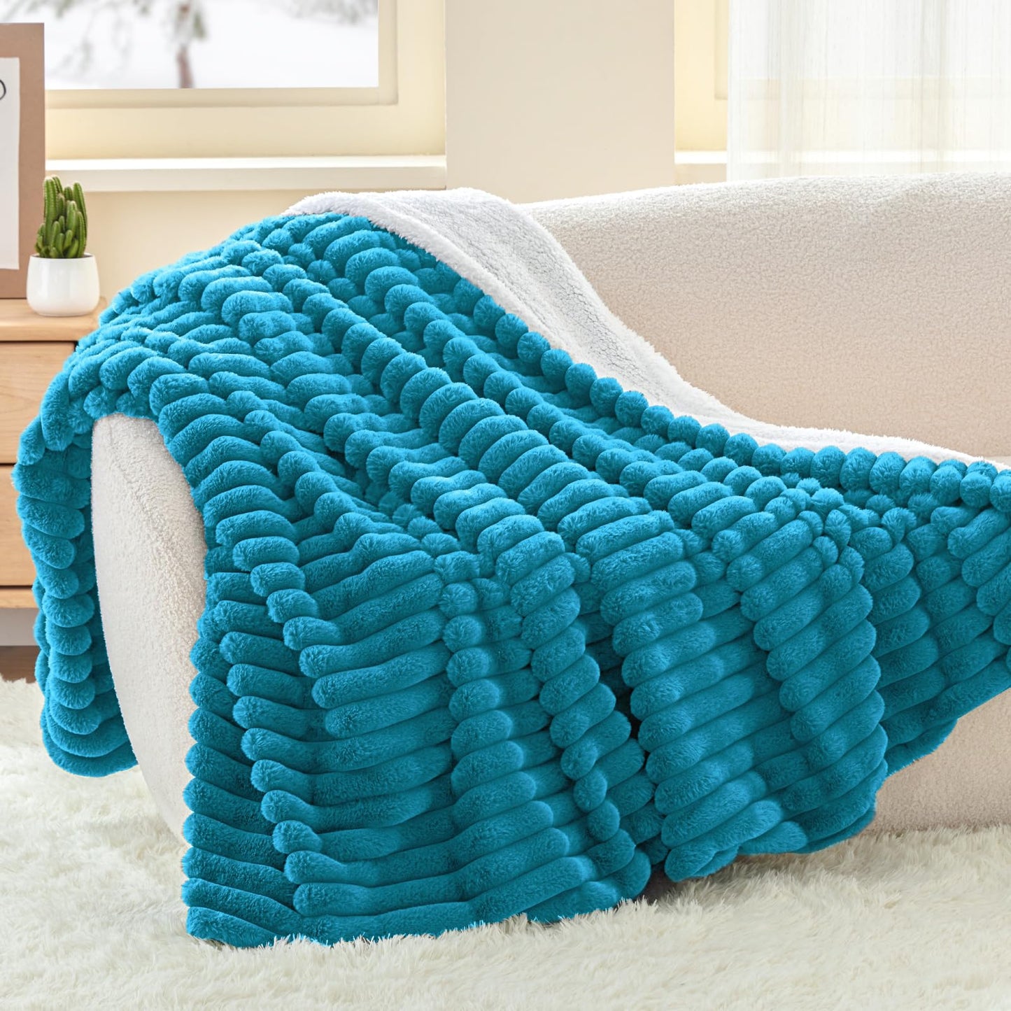 INFIIXSO Sherpa Throw Blanket for Couch - Super Soft & Warm Striped Fleece Blanket, Cozy Plush Fluffy Blanket All Season Use (Teal, 50x60 Inches)