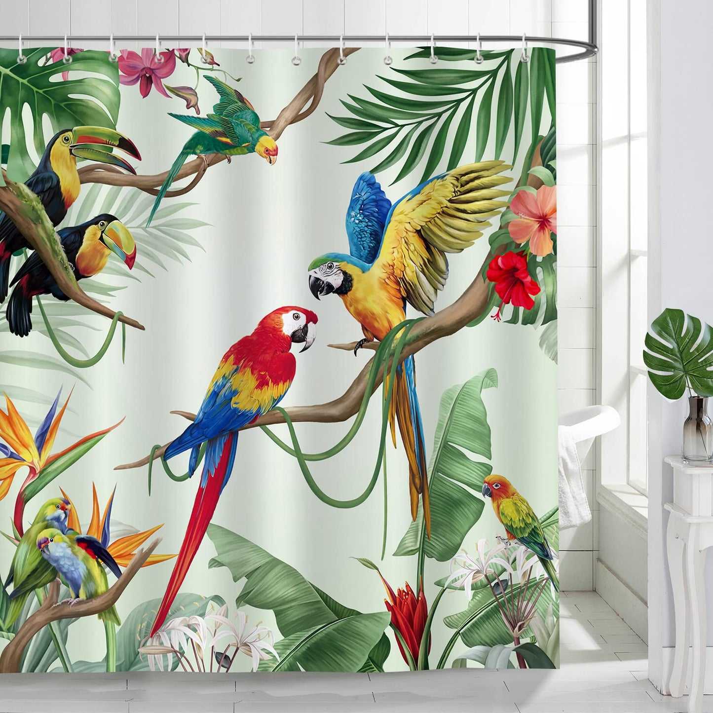 Bonhause Tropical Bird Shower Curtain, Parrot Toucan Palm Leaves Jungle Bathroom Decor 72 x 72 Inch Polyester Fabric Waterproof Bath Curtain with 12 Hooks