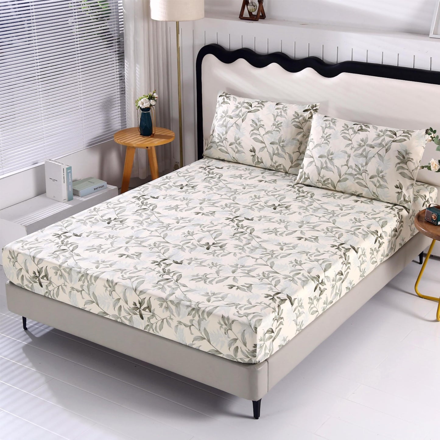 SDIII Leaves Floral Full Fitted Sheet with 2 Pillowcases, Deep Pocket Soft Microfiber Botanical Bed Sheet Full Size All Season