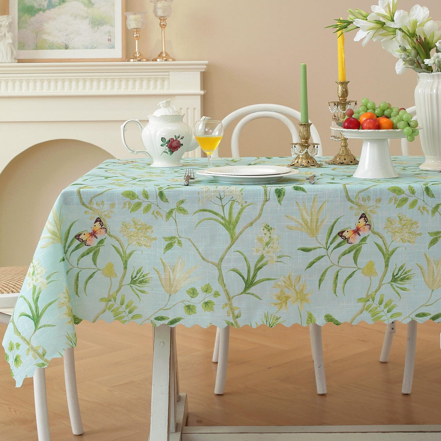 HOMOHEINI Rectangle Waterproof Tablecloth Linen Textured Table Cloth,Stain and Wrinkle Resistant Washable Fabric Table Cover for Dining, Party, Camping and Outdoor, 52 x 70 Inch, Green Leaves