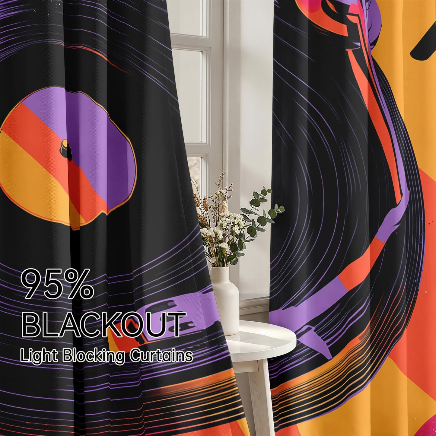 Mistwalk Vinyl Record Blackout Curtains for Bedroom & Living Room, 45 Inch Curtains 2 Panel Set, Room Darkening Thermal Insulated Grommet Drapes, Retro 80s Music Lover Patterned Window Treatments