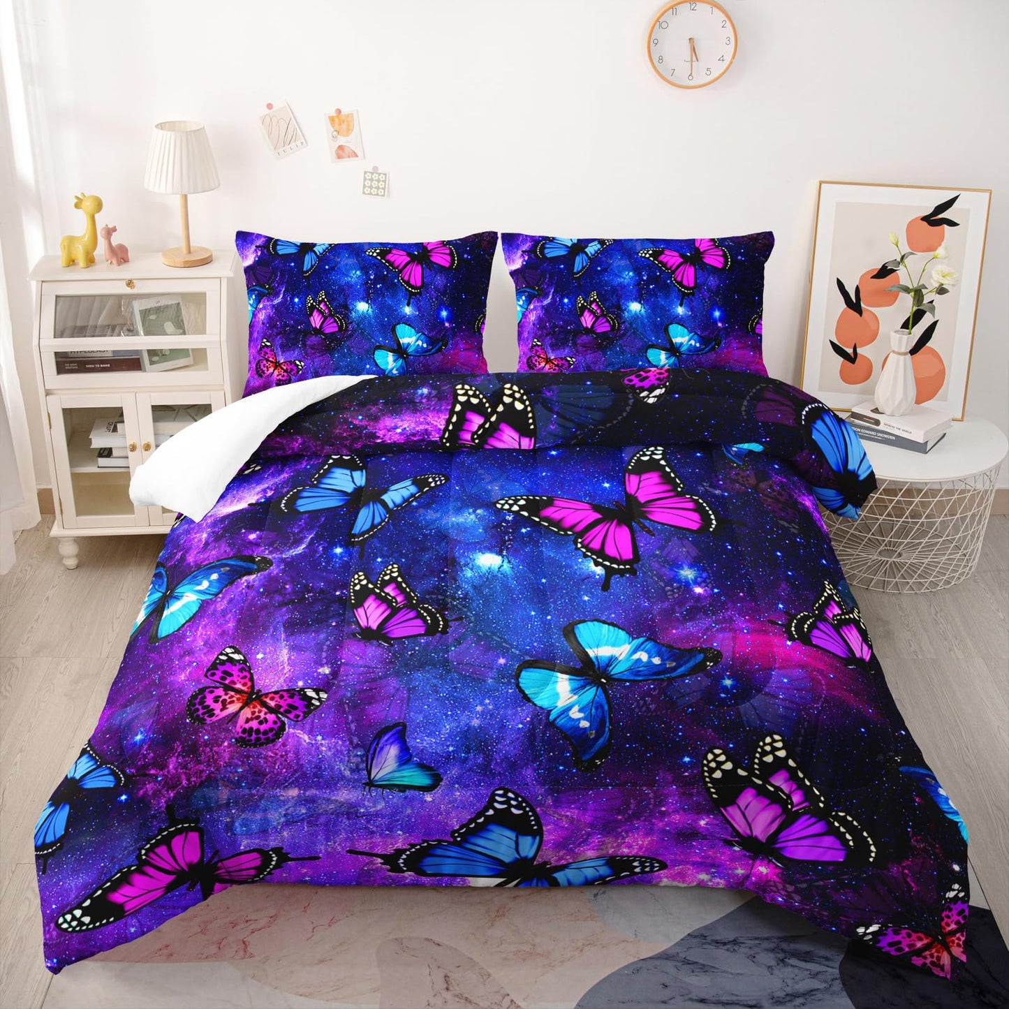 Nttopship Twin Size Galaxy Starry Sky Bedding Set, Violet Butterfly Comforter Set with 1 Comforter and 2 Pillowcases