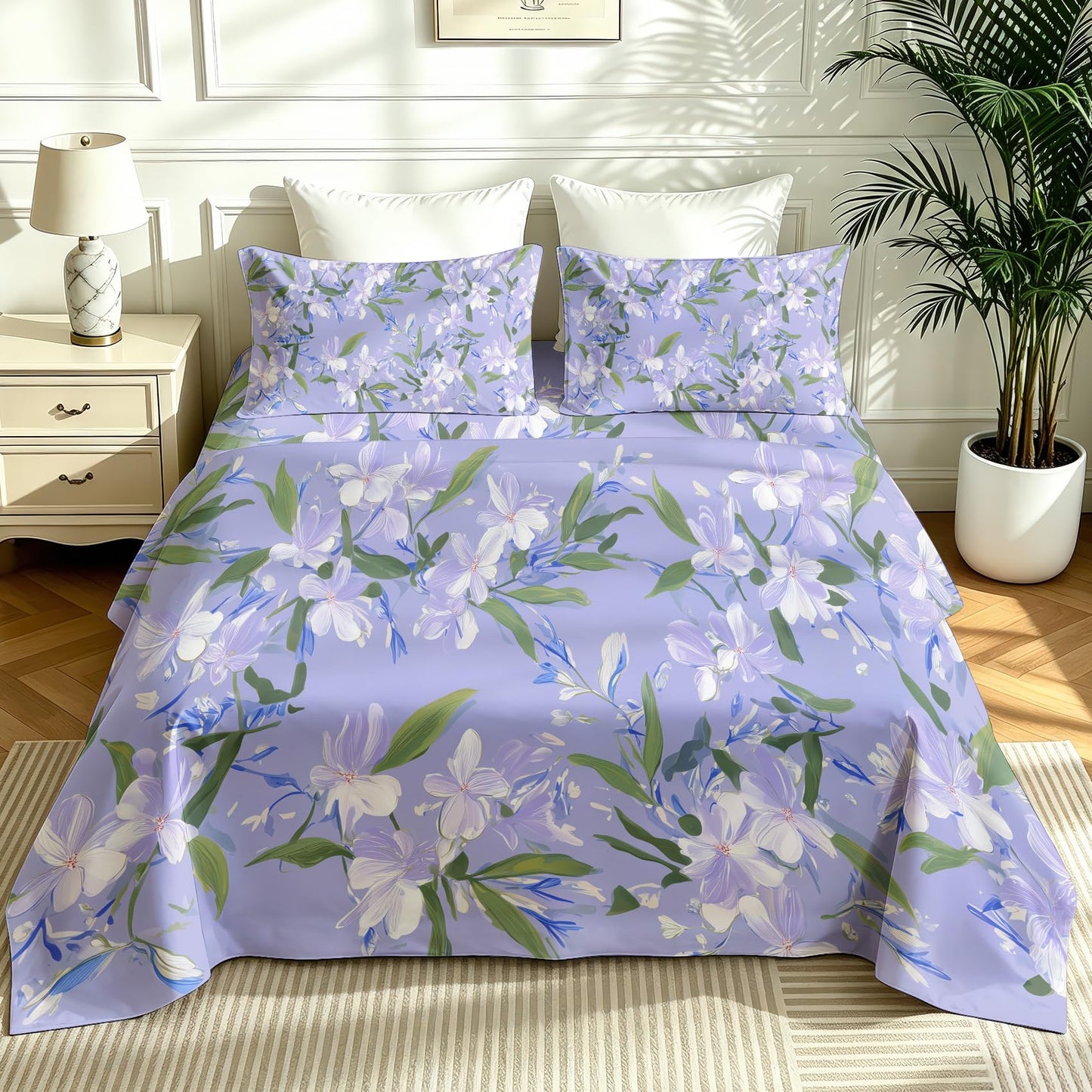 Purple Floral California King Bedding Set Romantic Flower Sheet Sets
