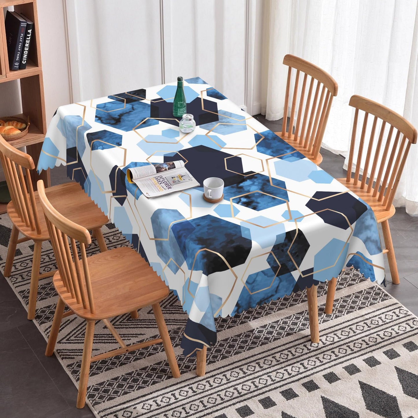 SIEDYCV Modern Blue Gold White Geometric Tablecloth, 60x102 Inch Elegant Hexagons Abstract Art Marble Texture Fabric Table Cloth,Waterproof Table Cover for Kitchen Dining Room Banquet Party Decor