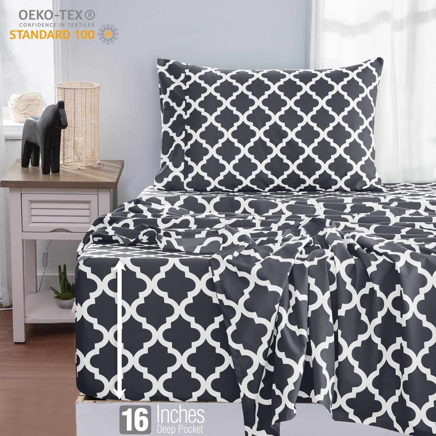 LUX Décor Quatrefoil Twin Sheet Set - 3 Piece Ultra-Soft Microfiber Bed Sheets with Flat Sheet, 16 Inches Deep Pocket Fitted Sheet & Pillowcases, Breathable, Bedroom Decor, Oeko- - Black