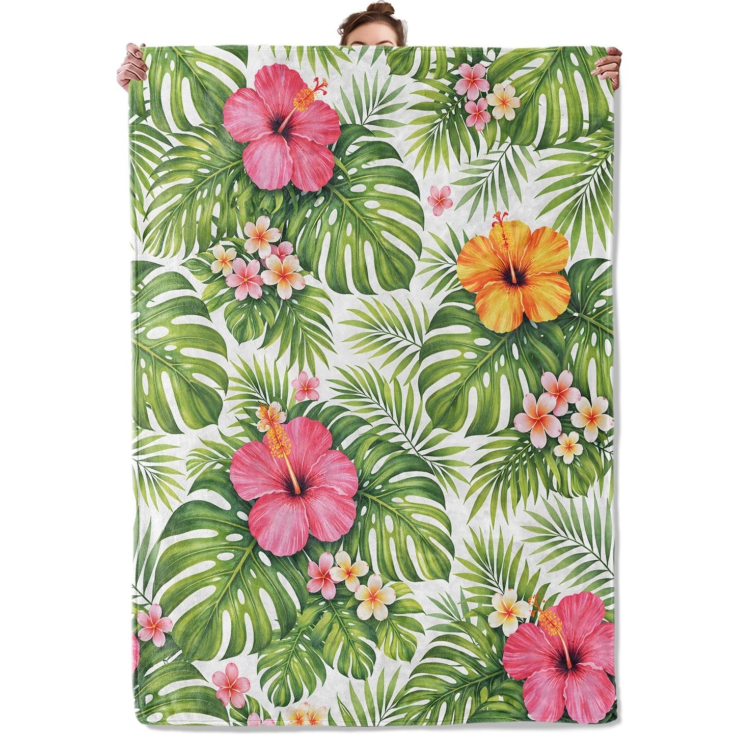 TRYYN Tropical Botanical Throw Blanket, Vibrant Hibiscus Floral and Palm Leaf, Soft Flannel Fleece, 50x60 Inch, Couch Living Room Blankets for Women Nature Lovers, Cozy Summer Home Decor Gifts