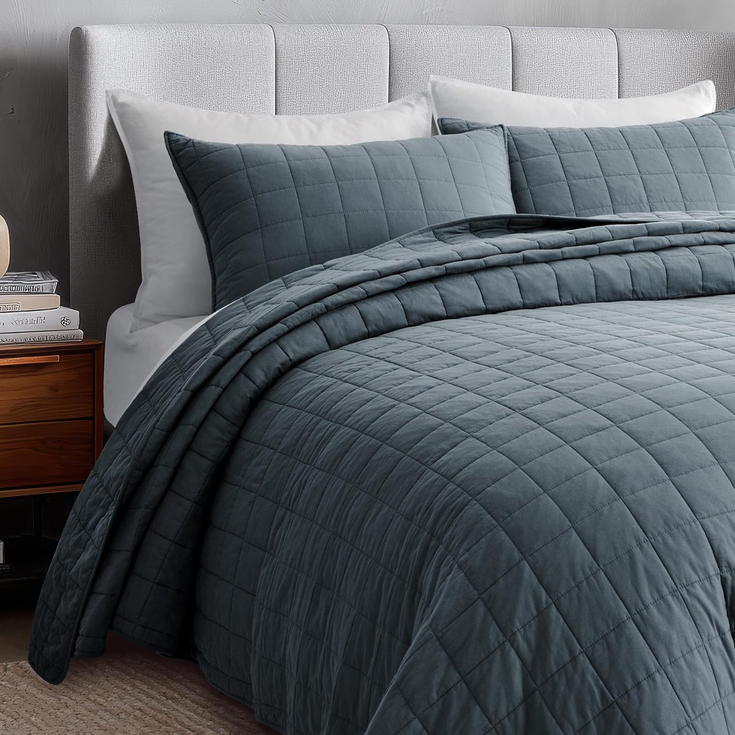 EVERGRACEHOME 100% Cotton Box Stitch Quilt Bedding Set Queen Size 3 Pieces, Garment-Washed Lightweight Soft Cozy Coverlet, Quilted Bedspread Sets with 2 Shams for All Season, Midnight Blue
