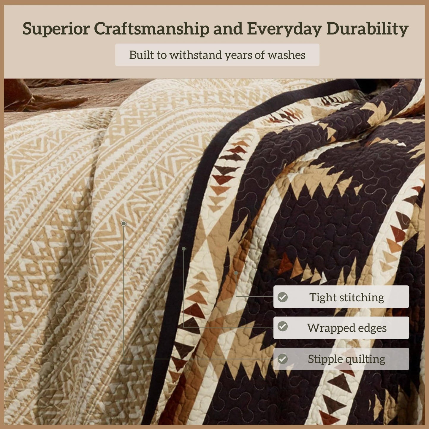 Paseo Road Yosemite Western Bedding 3 Piece Quilt Set with Pillow Shams, King Aztec Bedding Set, Tribal Southwestern Bedding, Geometric Pattern Cotton Reversible Bed Set