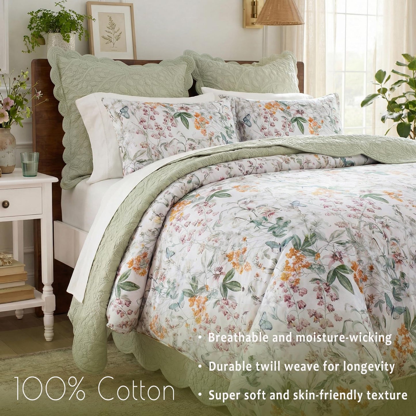 Bedorm Queen Duvet Cover 100% Cotton Floral Bedding Set with Zipper Closure Vintage Flower Leaf Botanical Bedding Soft & Durable French Country Duvet Cover Set