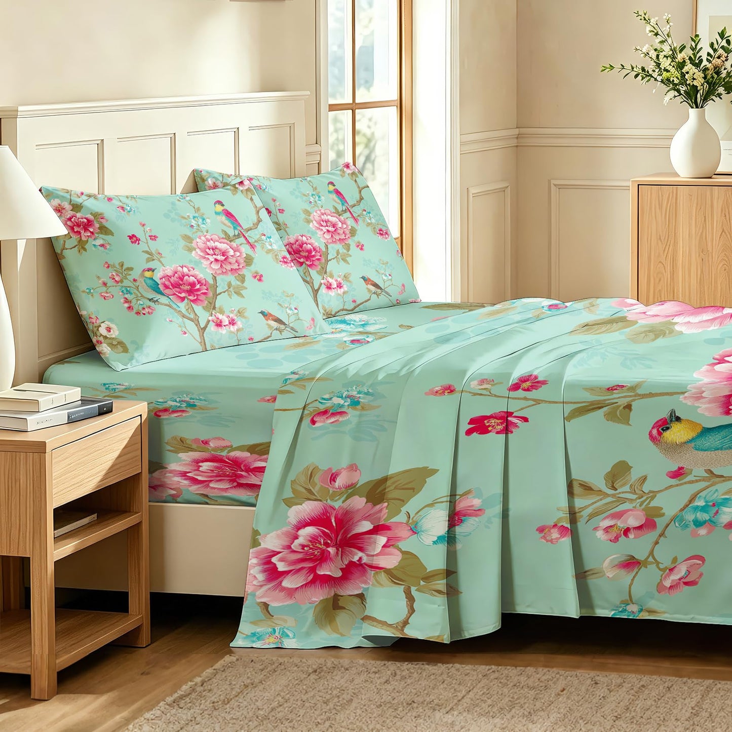 Bird and Peony Bedding Set 4 Pcs Chinoiserie Full Sheets