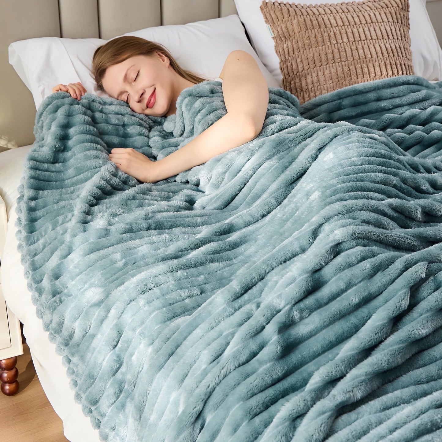 SUPRYNEX Dusty Blue Striped Throw Blanket, 330GSM Soft Plush Fleece Blanket for Couch Sofa Travel, Decorative Cozy Giftable Home Blanket, 50x70 Inches