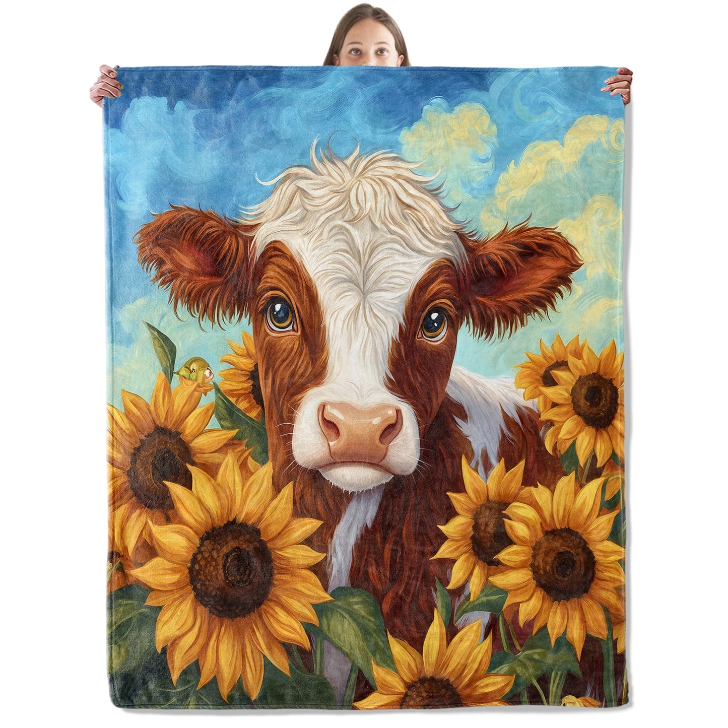 xmwjfd Cute Cow Blanket, Cozy Sunflower Calf Throw Blankets for Couch Bedroom Outdoor, Lightweight Soft Flannel Travel Throw, Gifts for Women Boys Girls, Home Cabin Dorm Decor 50"×60"