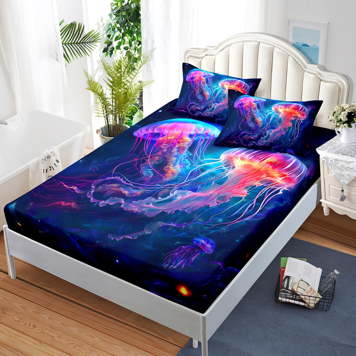 AILONEN Fantasy Jellyfish Bed Sheets Set 3 Pieces Twin Size,Blue Ocean Beautiful Jellyfish Fitted Sheet Set for Teen Boys Girls,Galaxy Sea Theme Bedding Sets for Bedroom Decor with 2 Pillowcases