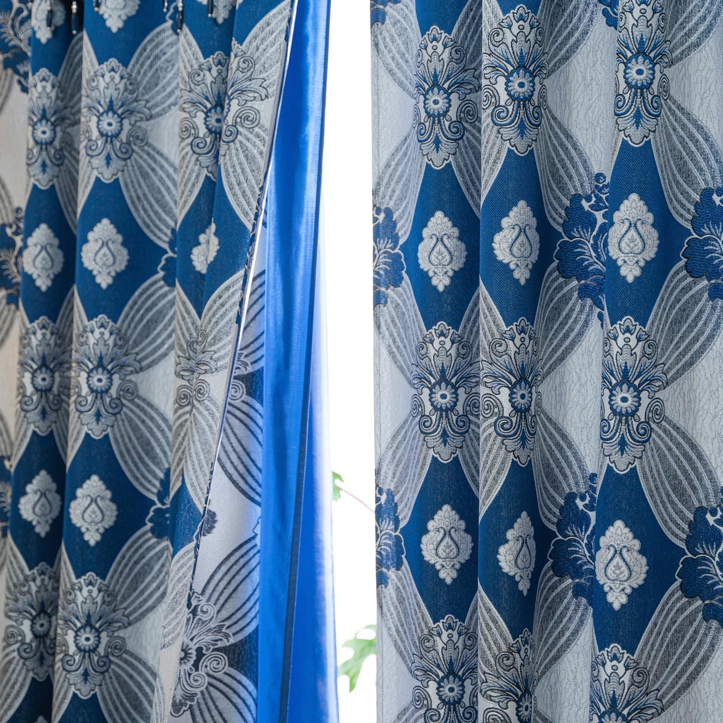 Petrichor Elegant Curtains with Gold Silver Threads 2 Panels Set - Luxury Window Treatment Attached Valance, Sheer Backing, and 2 Tie Backs for Bedroom and Living Room, 54x84 inches, Navy