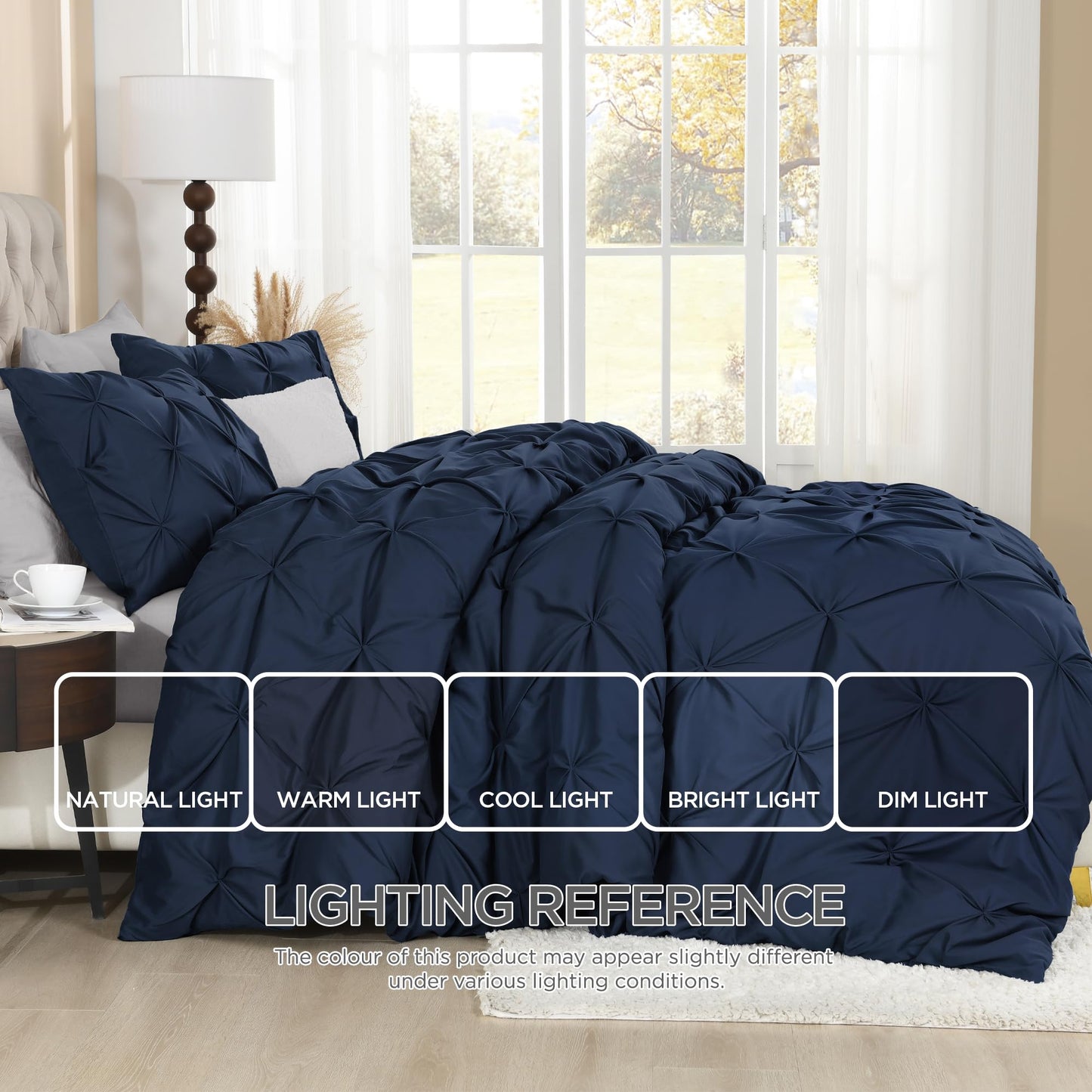 Litanika Navy Blue Pinch Pleat Duvet Cover Queen, 3 Pieces Pintuck Cover Soft Polyester Bedding Set with Zipper Closure & Corner Ties(90x90Inch-1 Duvet Cover, 2 Pillowcases)
