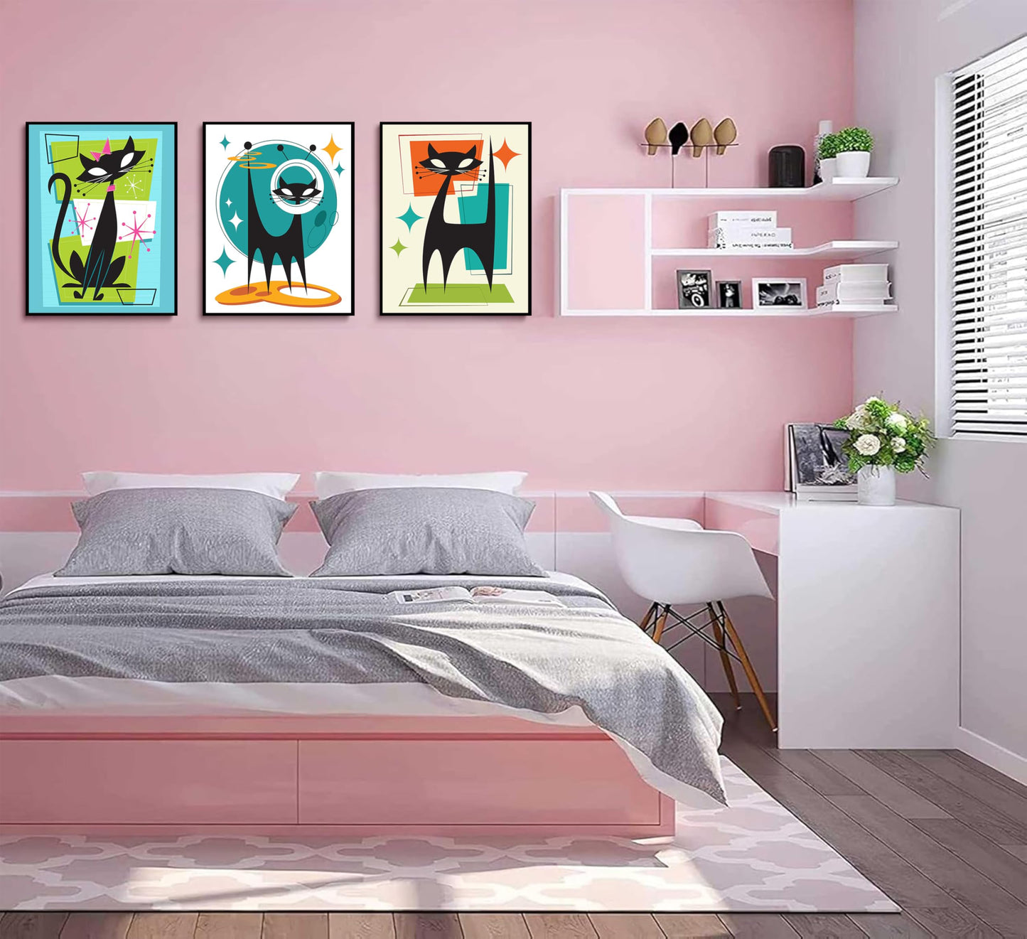3Pcs Futuristic Atomic Cats Wall Art Canvas Set Modern Tech Inspired Posters in Blue Green Orange Abstract Geometric Paintings Pictures and Prints Gallery Wall Decor for Living Room Bedroom Unframed