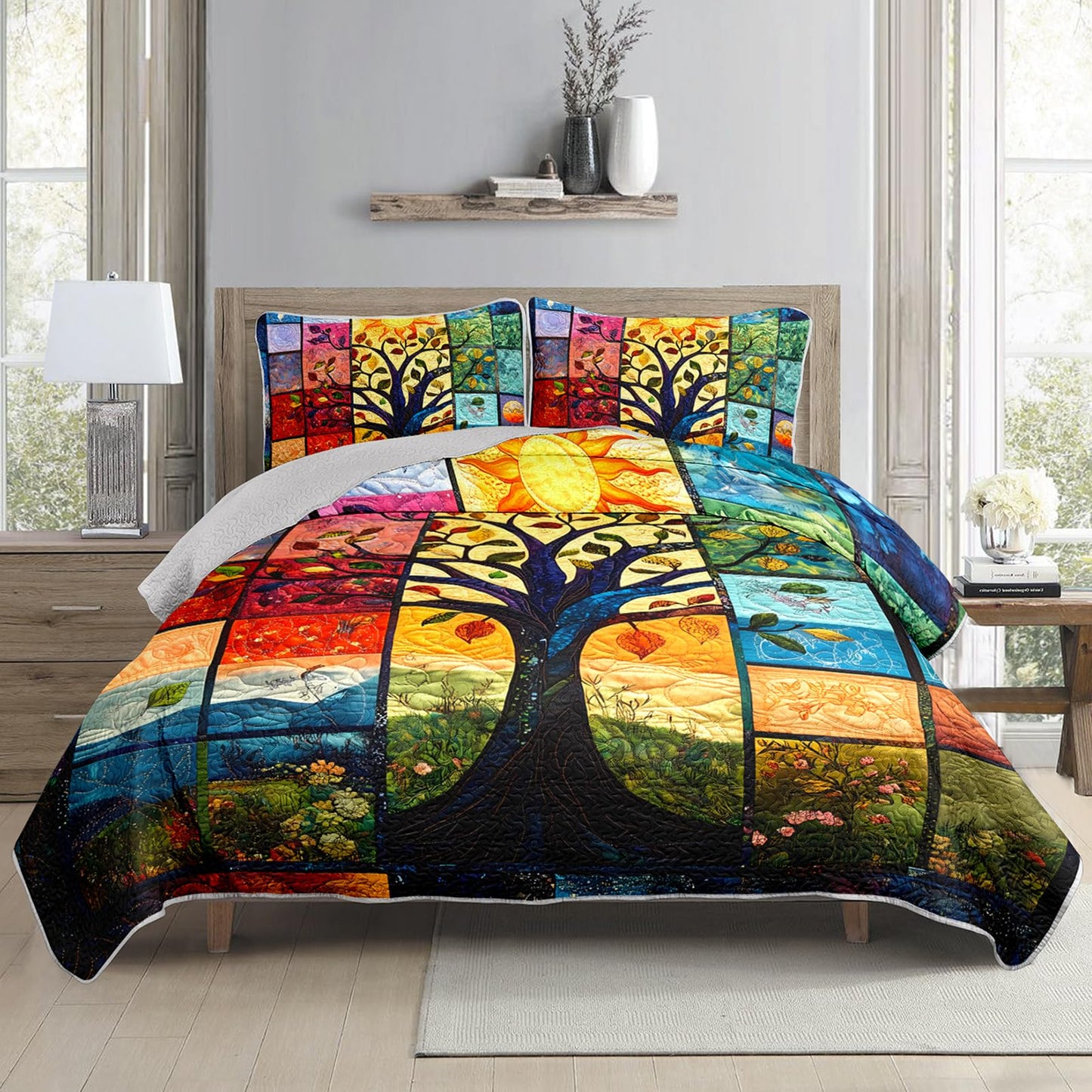AILONEN Tree of Life Quillt Set King Size, Sun Moon Boho Bedspread Coverlet,Soft Microfiber Quilt,2 Pillowcases,3-Piece Colorful Natural Botanical Print Bedding