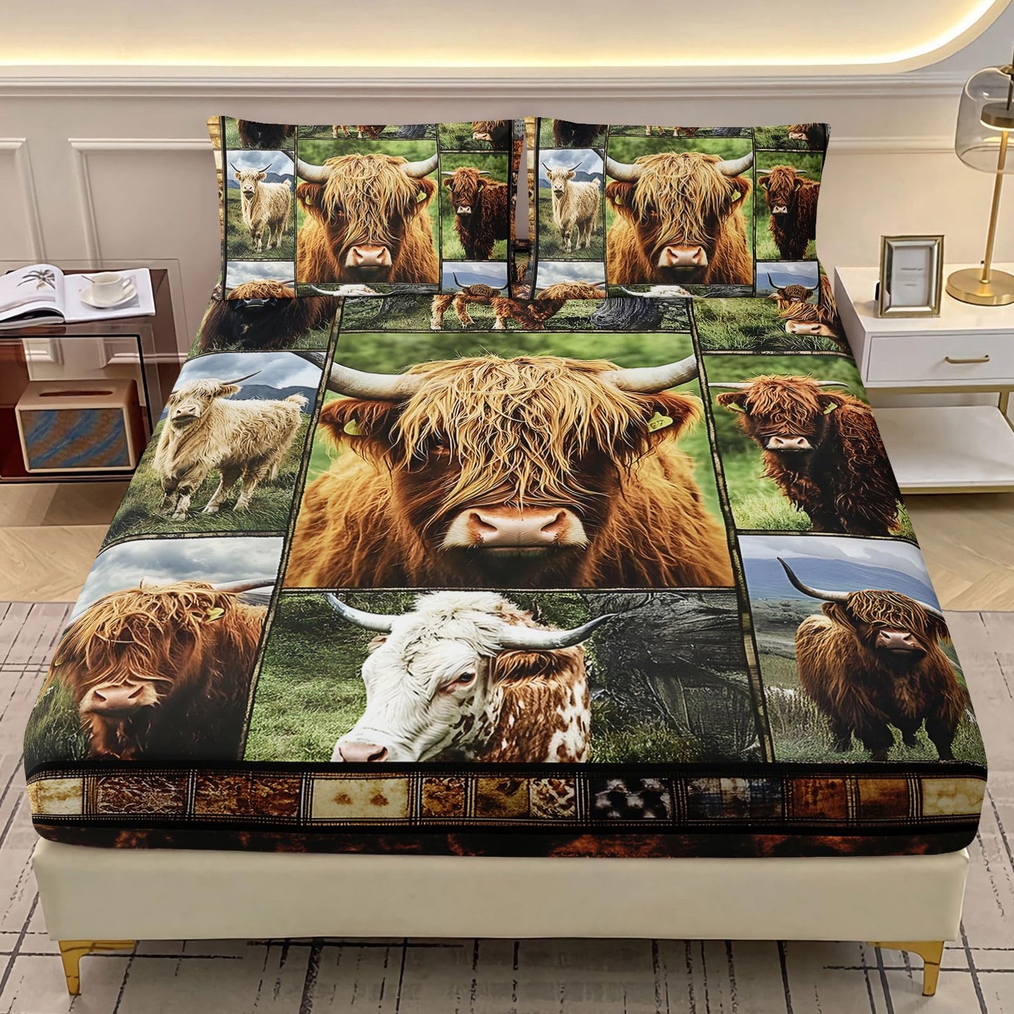 AILONEN Highland Cow Print Bedding Set Twin Size,Rustic Farmhouse Cattle Fitted Sheet with 2 Pillowcases for Kids Teens,3-Piece Farm Animal Plaid Bed Sheet Set