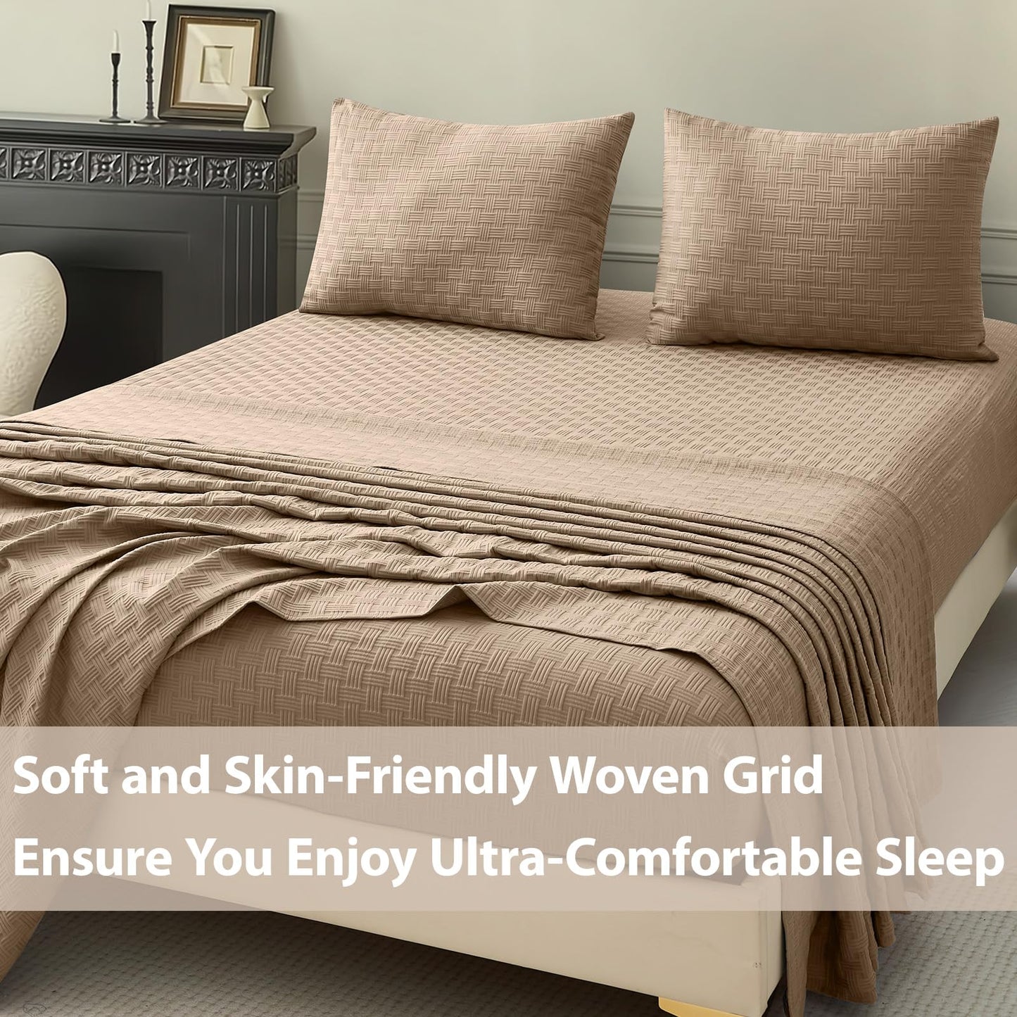 Seavelson Woven Grid Soft King Size Sheet Set - Comfortable & Breathable 4 Piece Bed Sheets with 1 Fitted Sheet,1 Flat Sheet & 2 Pillowcases - Deep Pocket Up to 18 Inches (Camel)