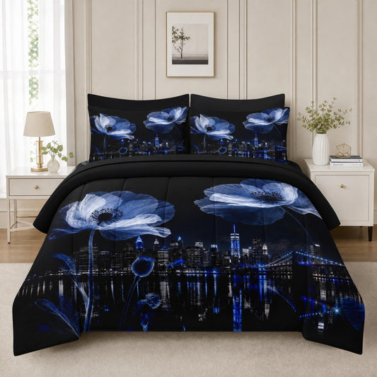 Boewywh Comforter Set Twin Size Blue Floral Modern 7 Pcs, Bedding for Kids and Adults, Bed Sheet Sets with Fitted Sheet 2 Pillowcases & 2 Shams for Bedroom Bed Decor