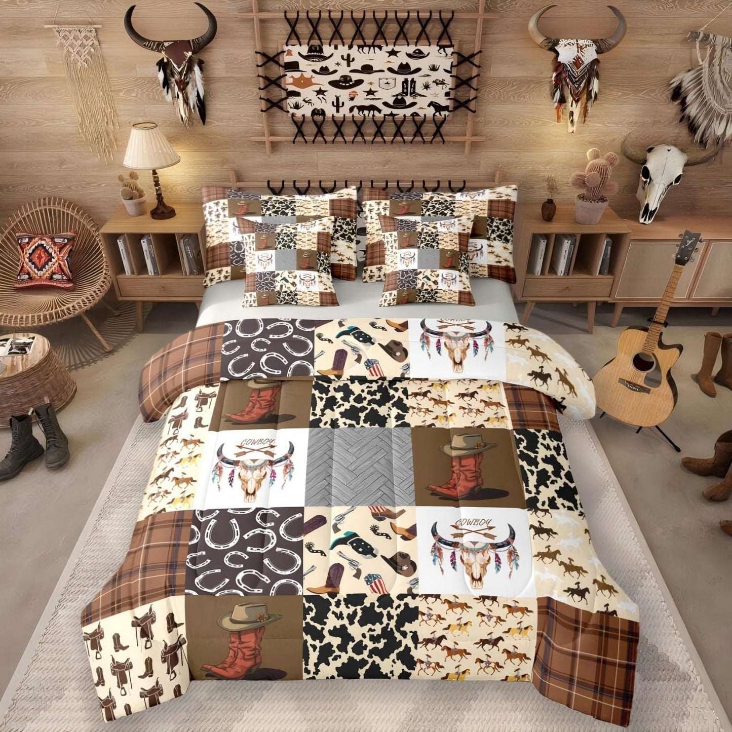 Erosebridal Country Western Twin Comforter Set with Sheets | Cowboy Boots Hat Rustic 7-Piece Bedding Set Horse Decor Cowboys Bed in a Bag, Farmhouse Cowhide Cow Skull Bed Sets,Brown